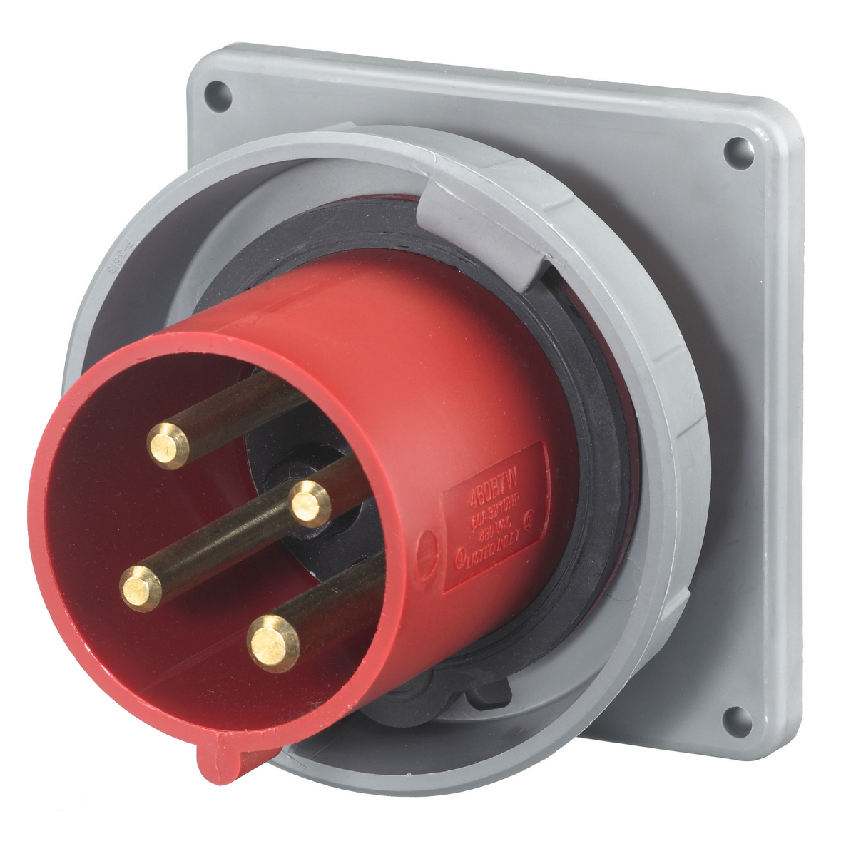 Heavy Duty Products, IEC Pin and Sleeve Devices, Industrial Grade, Male, Flanged Inlet, 60A 3-Phase Delta 480V AC, 3-Pole 4-Wire Grounding, Terminal Screws, Red, Watertight