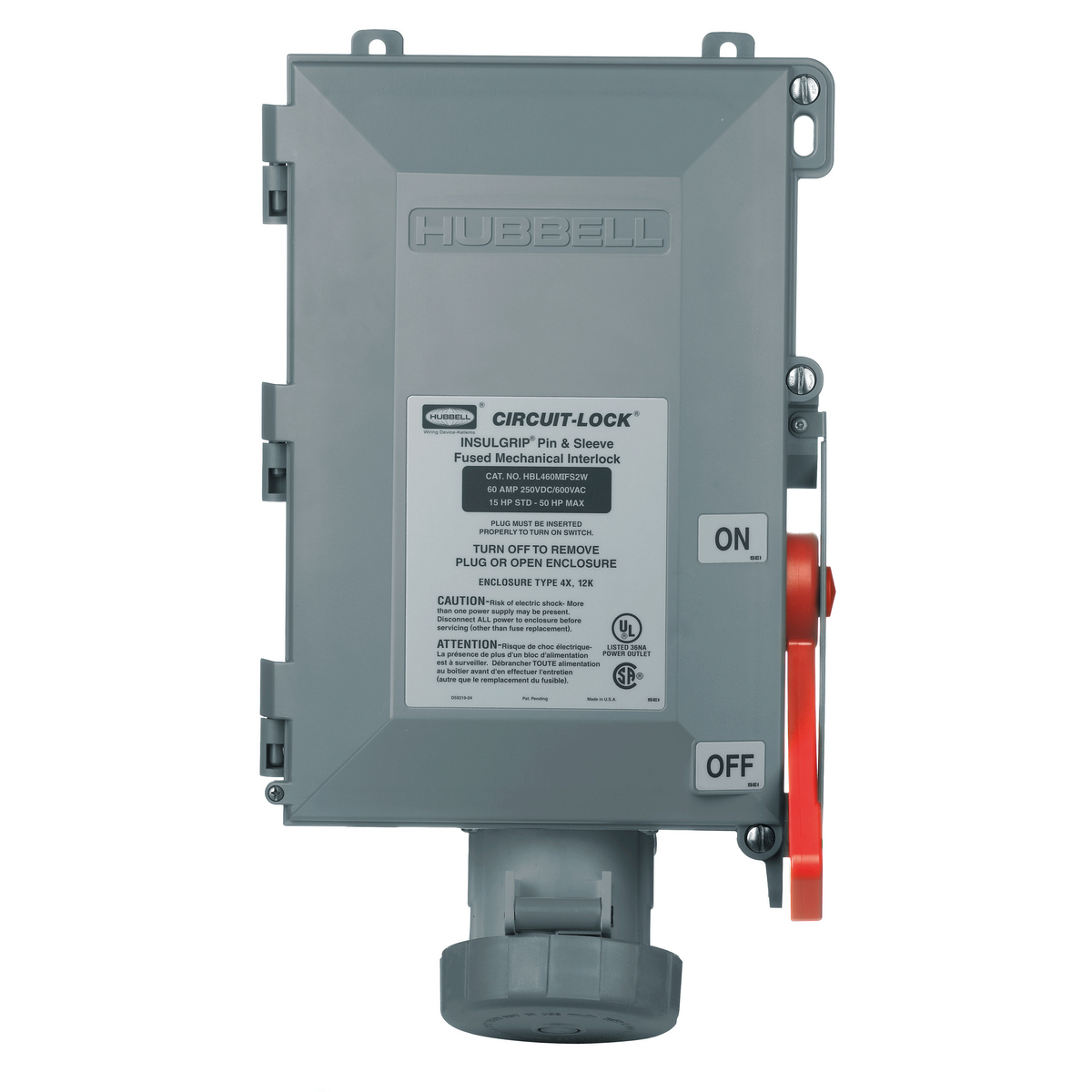 Heavy Duty Products, Indulgrip Pin and Sleeve Devices, Industrial Grade, Female, Fused Mechanically Interlocked Receptacle, 60A 600V AC, 3-Pole 4-Wire Grounding, Terminal Screws
