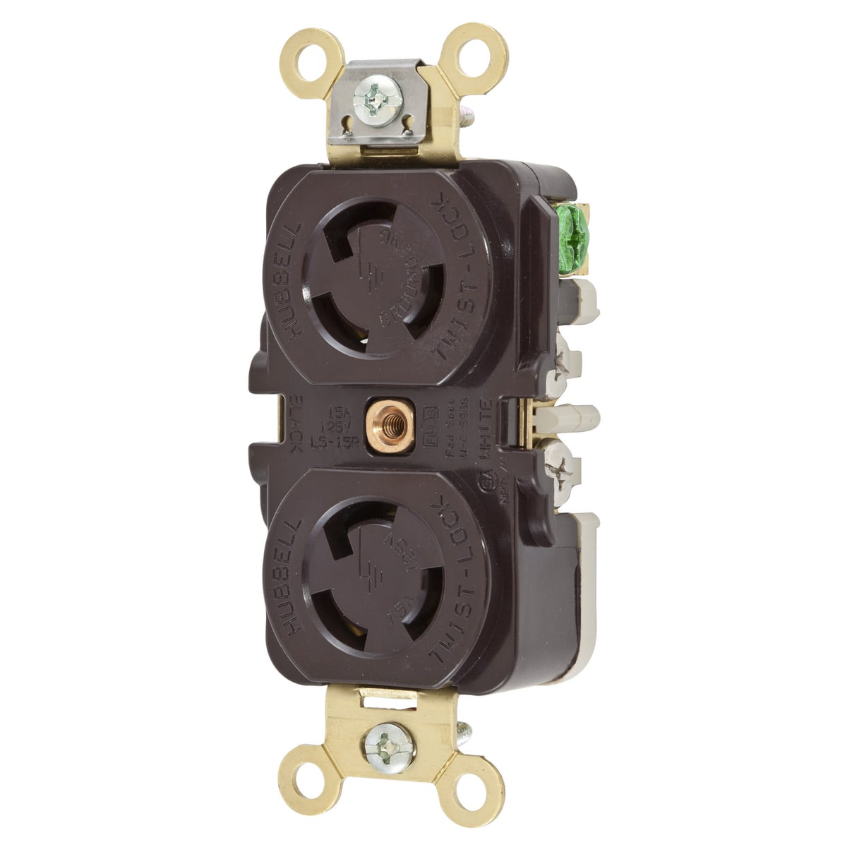Locking Devices, Twist-Lock, Industrial, Duplex Flush Receptacle, 15A 125V, 2-Pole 3-Wire Grounding, NEMA L5-15R, Screw Terminal, Brown.