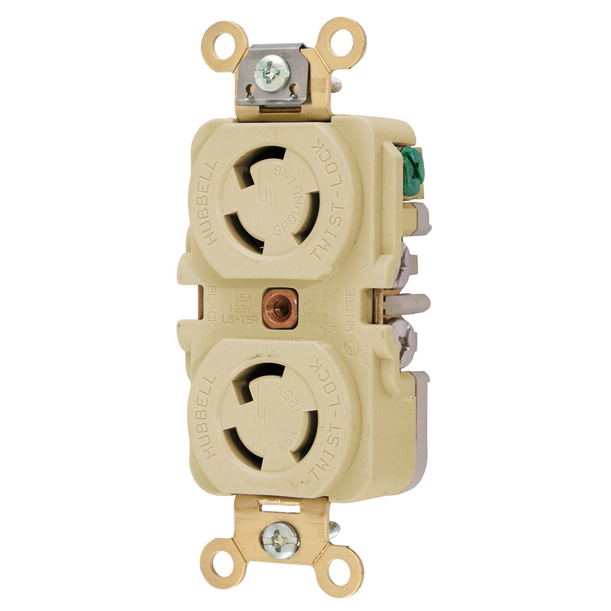 Twist-Lock Industrial Duplex Flush Receptacle, 15A 125V, 2-Pole 3-Wire Grounding, NEMA L5-15R, Screw Terminal