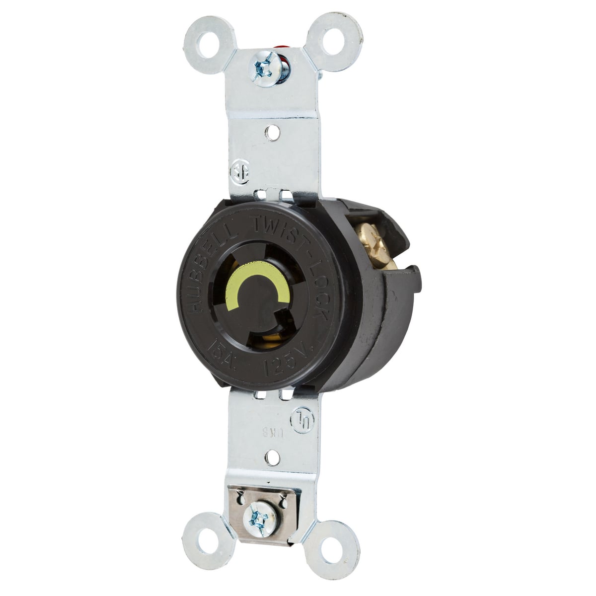 Locking Devices, Twist-Lock, Industrial, Single Flush Receptacle, 15A 125V, 2-Pole 3-Wire Grounding, NEMA L5-15R, Screw Terminal, Black.