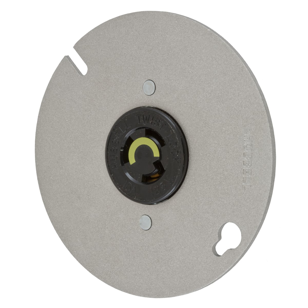 Twist-Lock Single Receptacle, 15A, 125V, 2-Pole, 3 Wire Grounding, NEMA L5-15R, Mounted on a 4" Round Box Cover