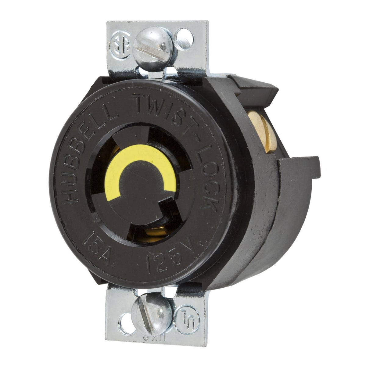 Twist-Lock Industrial Single Panel Mount Receptacle, 15A 125V, 2-Pole 3-Wire Grounding, NEMA L5-15R, Screw Terminal Nylon, Side Wired, 1.75" or 1.937" Mounting