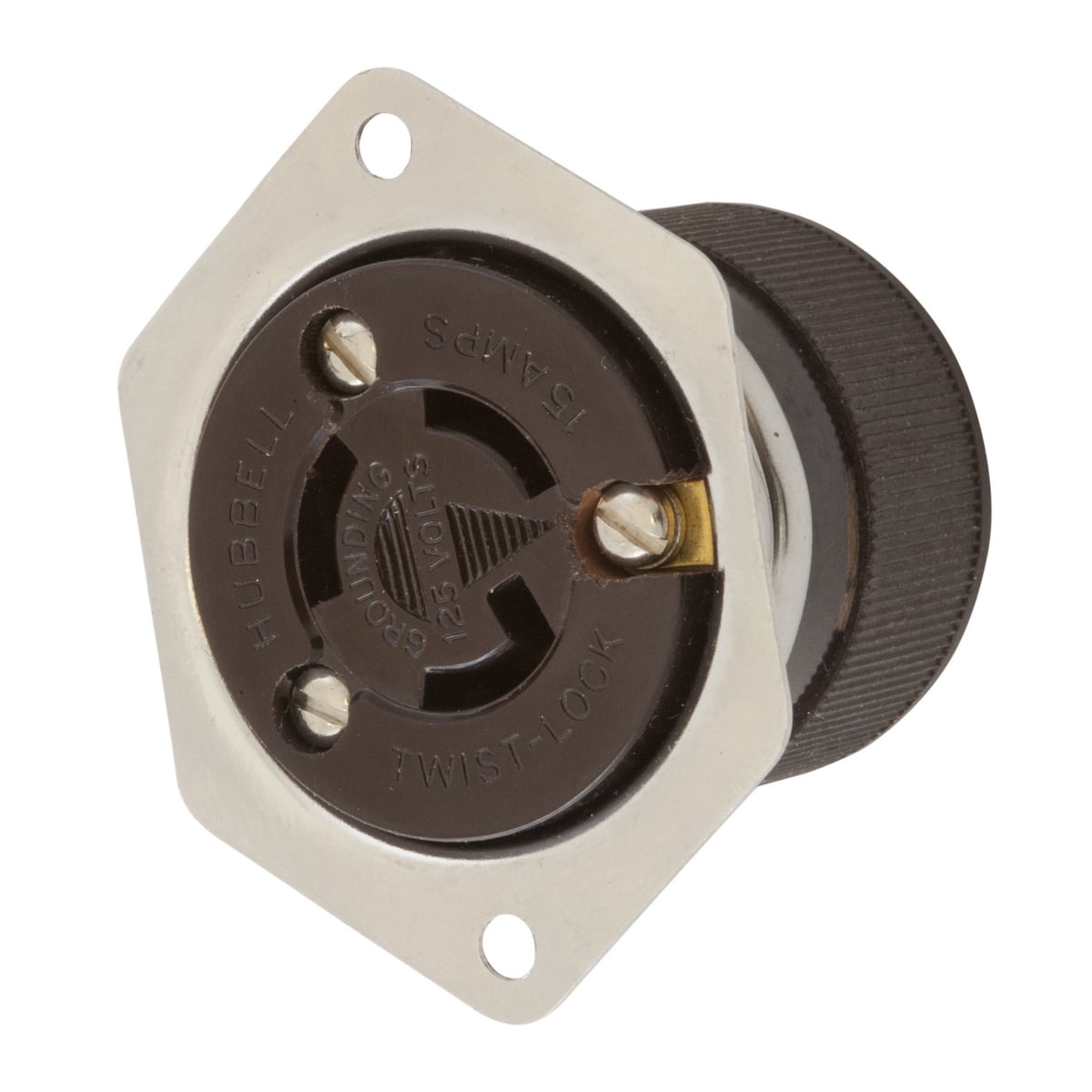 Locking Devices, Twist-Lock, Industrial, Flanged Receptacle, 15A 125V, 2-Pole 3-Wire Grounding, NEMA L5-15R, Screw Terminal, Stainless Steel Casing, Brown/Stainless .