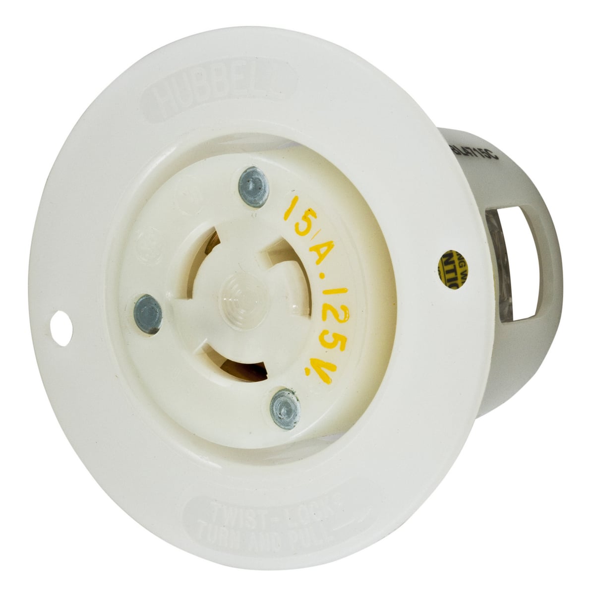 Locking Devices, Twist-Lock, Industrial, Insulgrip Flanged Receptacle, 15A 125V, 2-Pole 3-Wire Grounding, NEMA L5-15R, Screw Terminal, Nylon casing, Back wired, White.