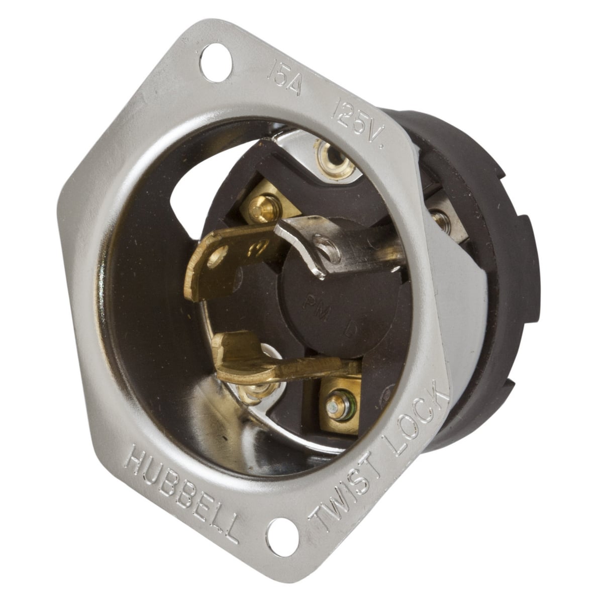 Locking Devices, Twist-Lock, Industrial, Flanged Inlet, 15A 125V, 2-Pole 3-Wire Grounding, NEMA L5-15P, Screw Terminal, Stainless Steel  casing, Brown/Stainless.