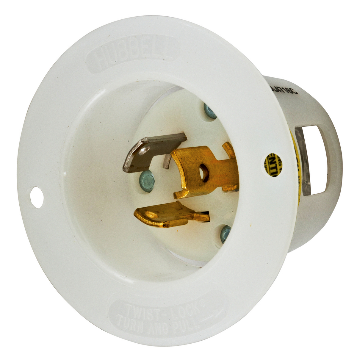 Locking Devices, Twist-Lock, Industrial, Insulgrip Flanged Inlet, 15A 125V, 2-Pole 3-Wire Grounding, NEMA L5-15P, Screw Terminal, Nylon casing, Back wired, White.