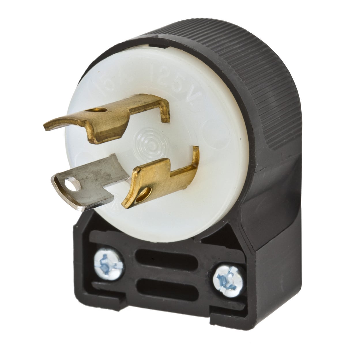 Locking Devices, Twist-Lock, Industrial, Male Insulgrip Plug, 15A 125V, 2-Pole 3-Wire Grounding, NEMA L5-15P, Screw Terminal, Black and White Nylon, 8 position angle.