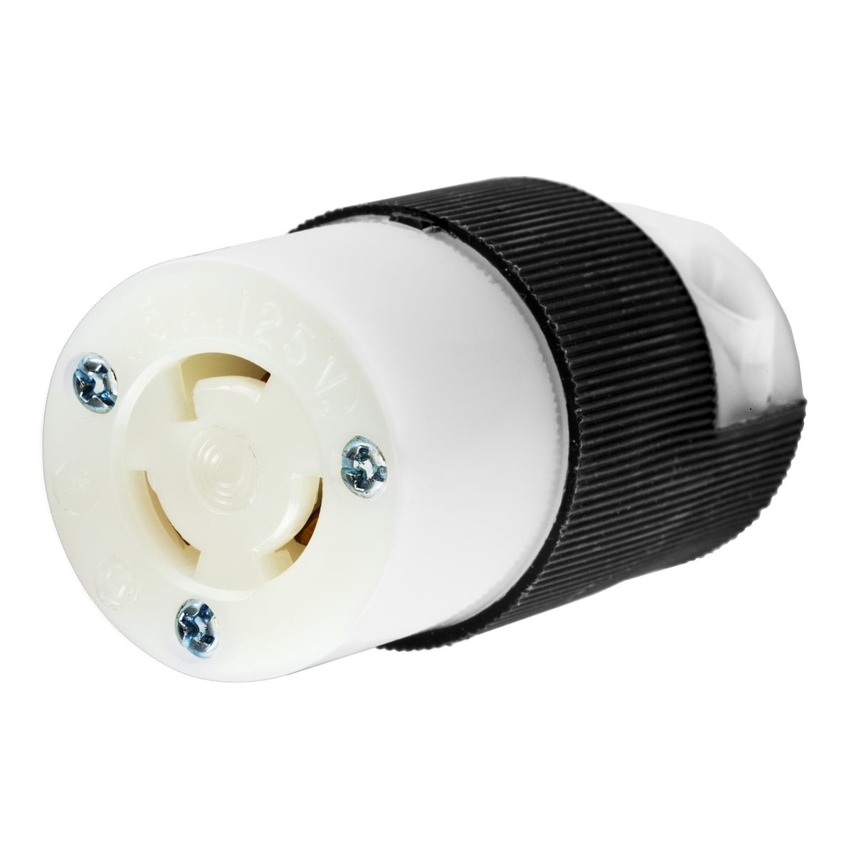 Locking Devices, Twist-Lock, Industrial, Female Insulgrip Connector Body, 15A 125V, 2-Pole 3-Wire Grounding, NEMA L5-15R, Screw Terminal, Black and White Nylon.
