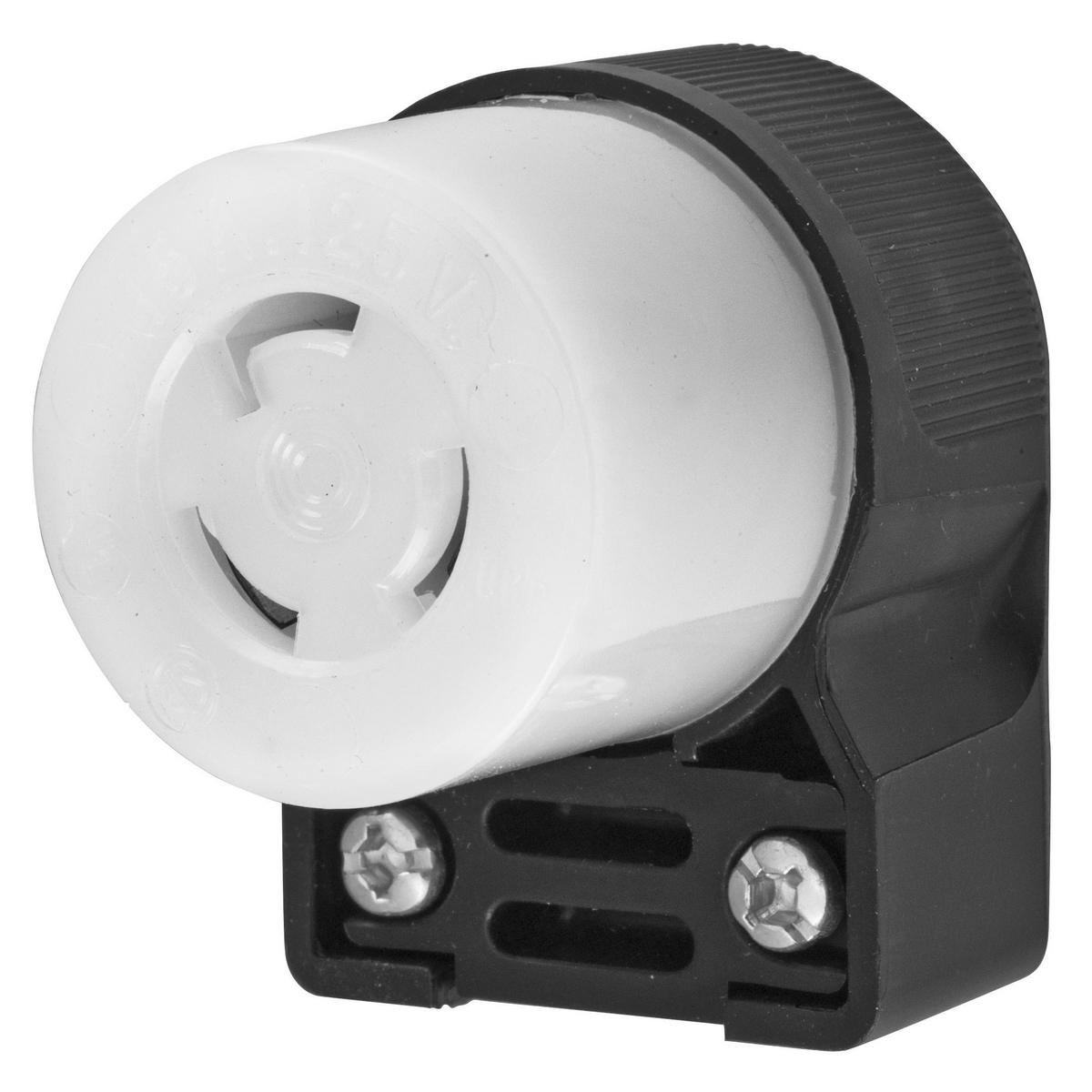 Twist-Lock Insulgrip Connector, 15A, 125V, 2-Pole, 3 Wire Grounding, NEMA L5-15R, Angled and white nylon