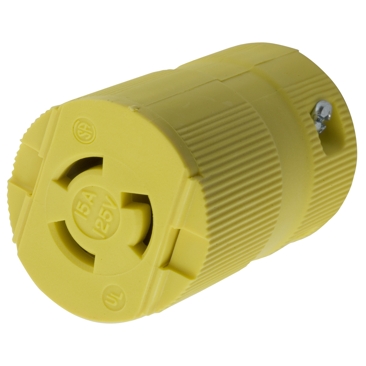 Locking Devices, Twist-Lock, Valise, Female Connector Body, 15A 125V, 2-Pole 3-Wire Grounding, NEMA L5-15R, Screw Terminal, Yellow Nylon.