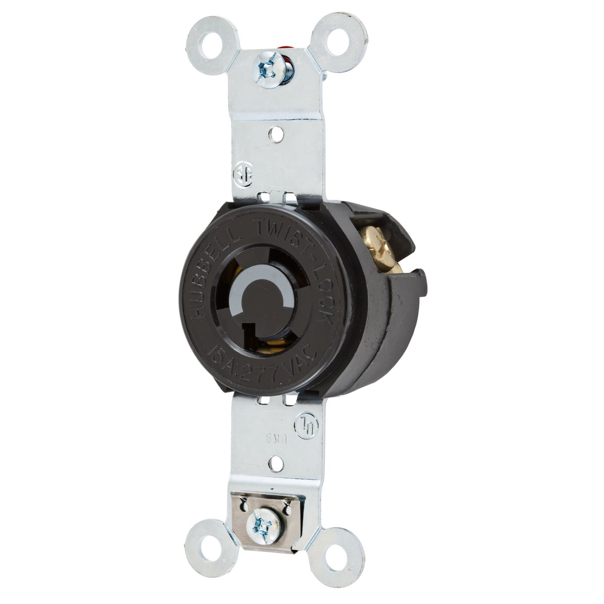Locking Devices, Twist-Lock, Industrial, Single Flush Receptacle, 15A 277V AC, 2-Pole 3-Wire Grounding, NEMA L7-15R, Screw Terminal, Black.
