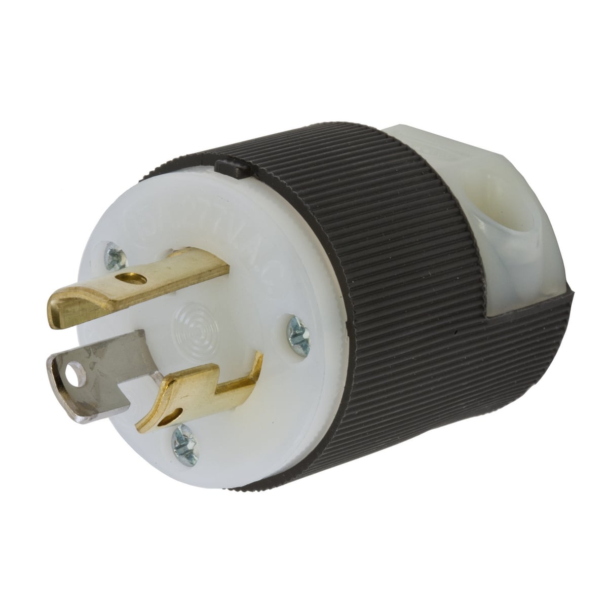 Locking Devices, Twist-Lock, Industrial, Male Insulgrip Plug, 15A 277V AC, 2-Pole 3-Wire Grounding, NEMA L7-15P, Screw Terminal, Black and White Nylon.