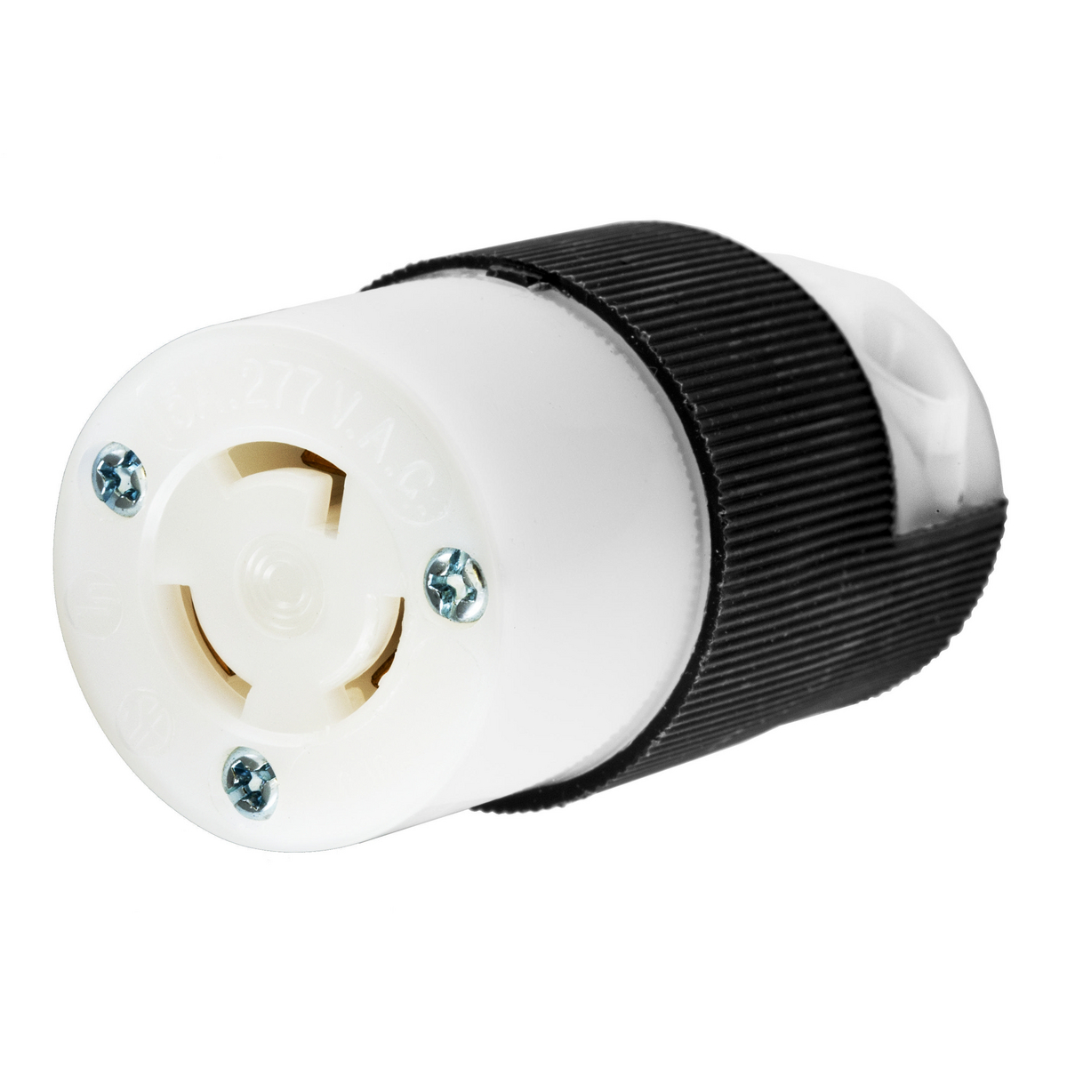 Locking Devices, Twist-Lock, Industrial, Female Insulgrip Connector Body, 15A 277V AC, 2-Pole 3-Wire Grounding, NEMA L7-15R, Screw Terminal, Black and White Nylon.