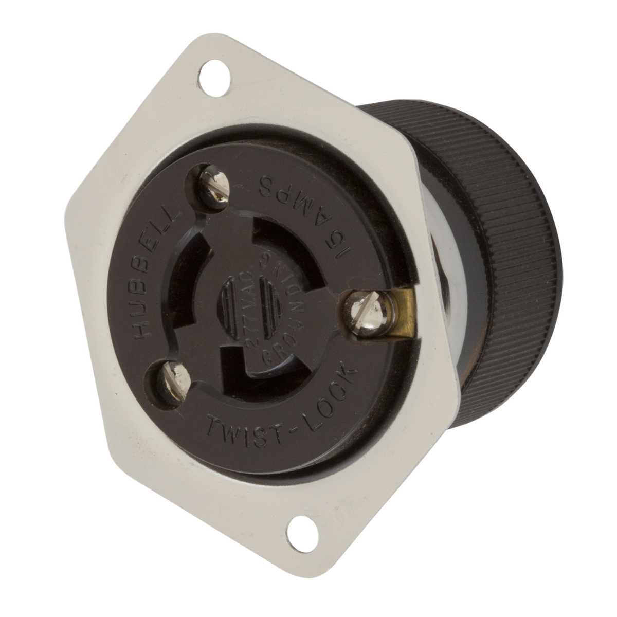 Locking Devices, Twist-Lock, Industrial, Flanged Receptacle, 15A 277V AC, 2-Pole 3-Wire Grounding, NEMA L7-15R, Screw Terminal, Stainless Steel casing, Brown/Stainless.