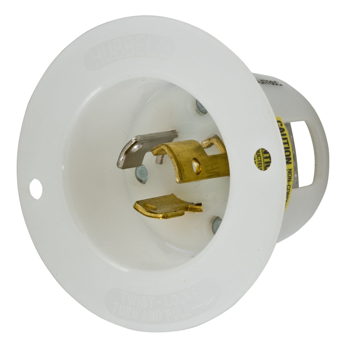 Locking Devices, Twist-Lock, Industrial, Insulgrip Flanged Inlet, 15A 277V AC, 2-Pole 3-Wire Grounding, NEMA L7-15P, Screw Terminal, Nylon casing, Back wired, White.