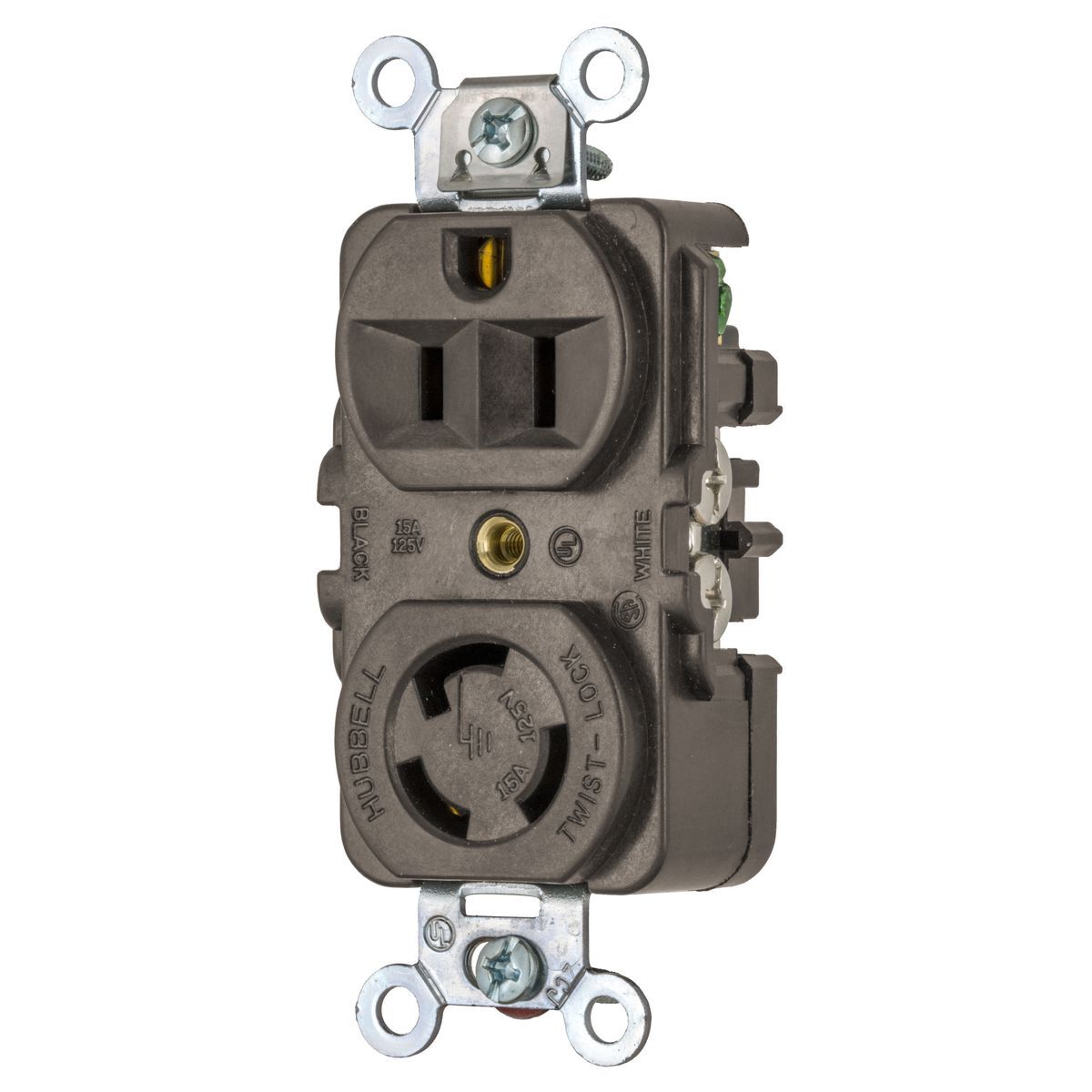 Twist-Lock Industrial Combination Face Duplex Receptacle, 15A 125V, 2-Pole 3-Wire Grounding, 5-15R and L5-15R, Screw Terminal, Two Feeds Two Returns