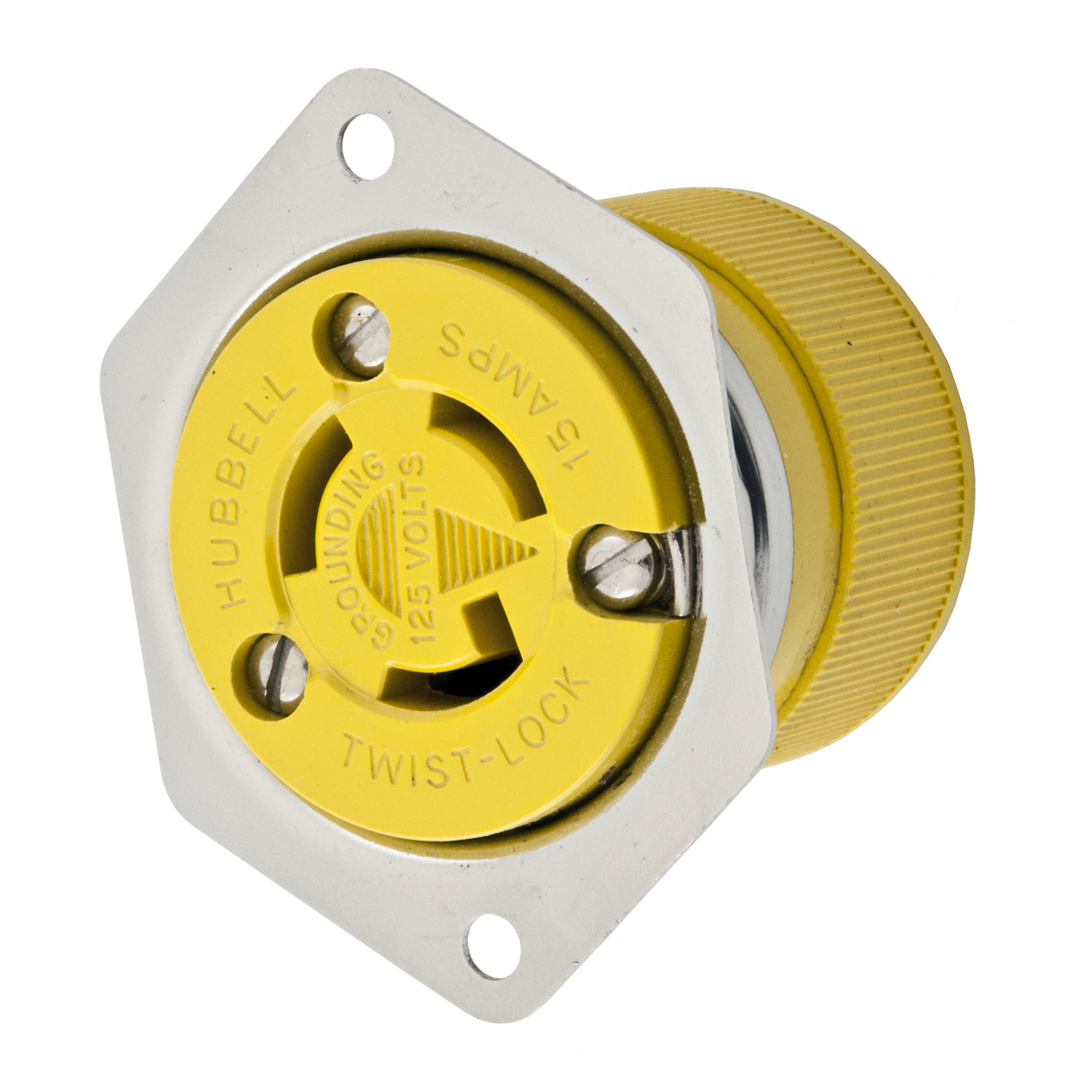 Locking Devices, Twist-Lock, Corrosion Resistant Flanged Receptacle, 15A, 125V, 2 Pole, 3 Wire Grounding, NEMA L5-15R,  Stainless steel casing, Yellow melamine