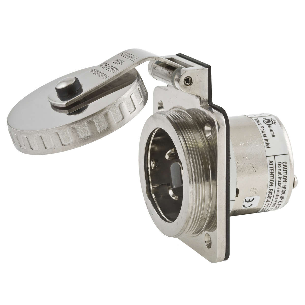 Locking Devices, Twist-Lock, Marine Grade, Shore Power Inlet, 50A 125/250V, 3-Pole 4-Wire Grounding, Non-NEMA, Screw Terminal, Chrome Plated Brass