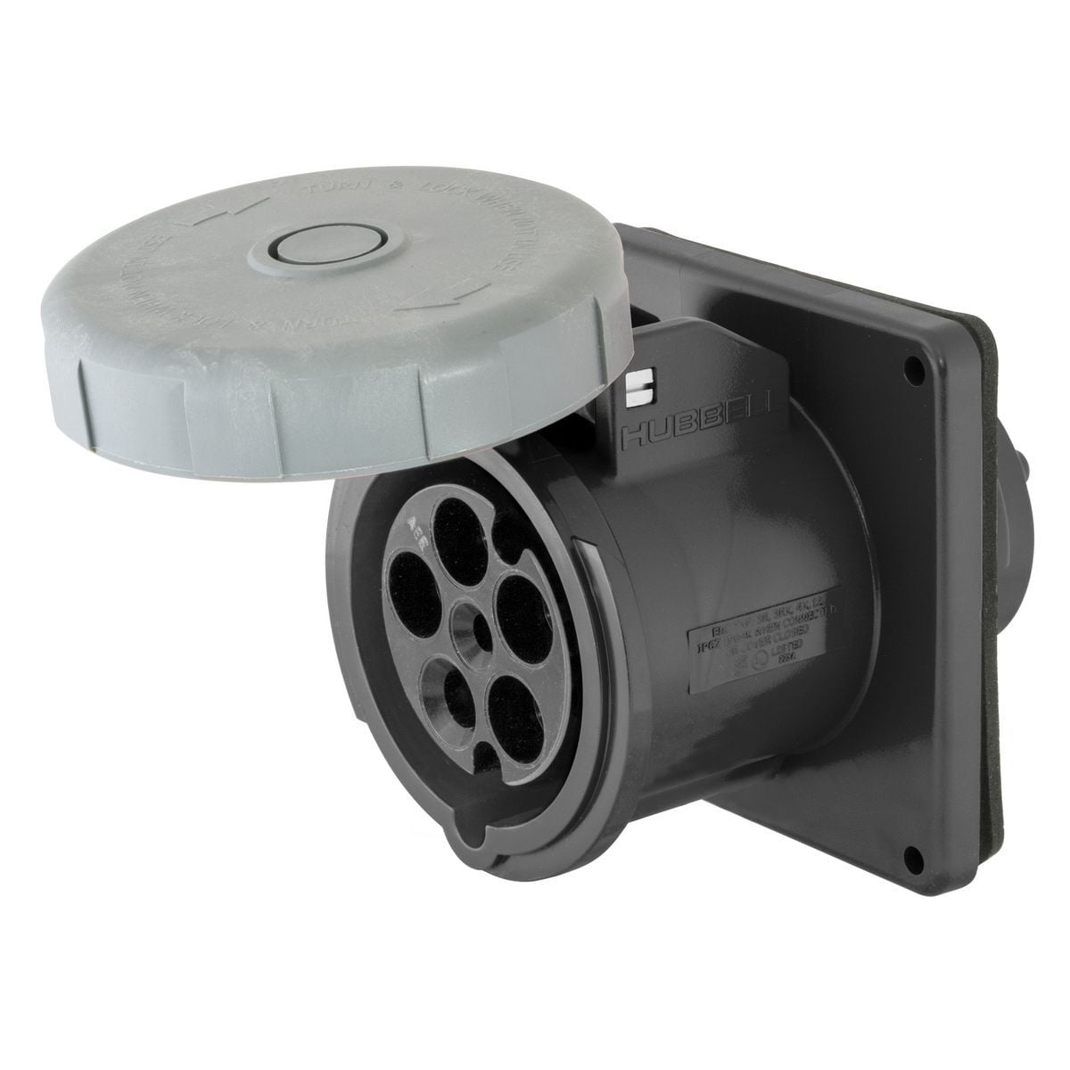 Heavy Duty IEC Pin and Sleeve Industrial Grade Female Receptacle, 100A 3-Phase Wye 347/600V AC, 4-Pole 5-Wire Grounding, Terminal Screws, Watertight