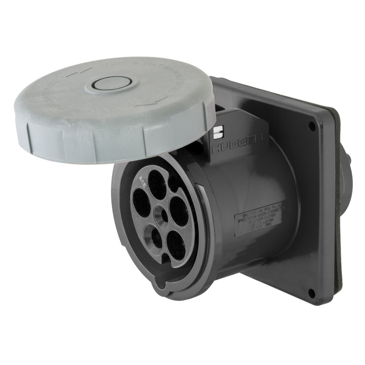 Heavy Duty Products, IEC Pin and Sleeve Devices, Industrial Grade, Female, Receptacle, 20A 3-Phase Wye 347/600V AC, 4-Pole 5-Wire Grounding , Terminal Screws, Black, Watertight