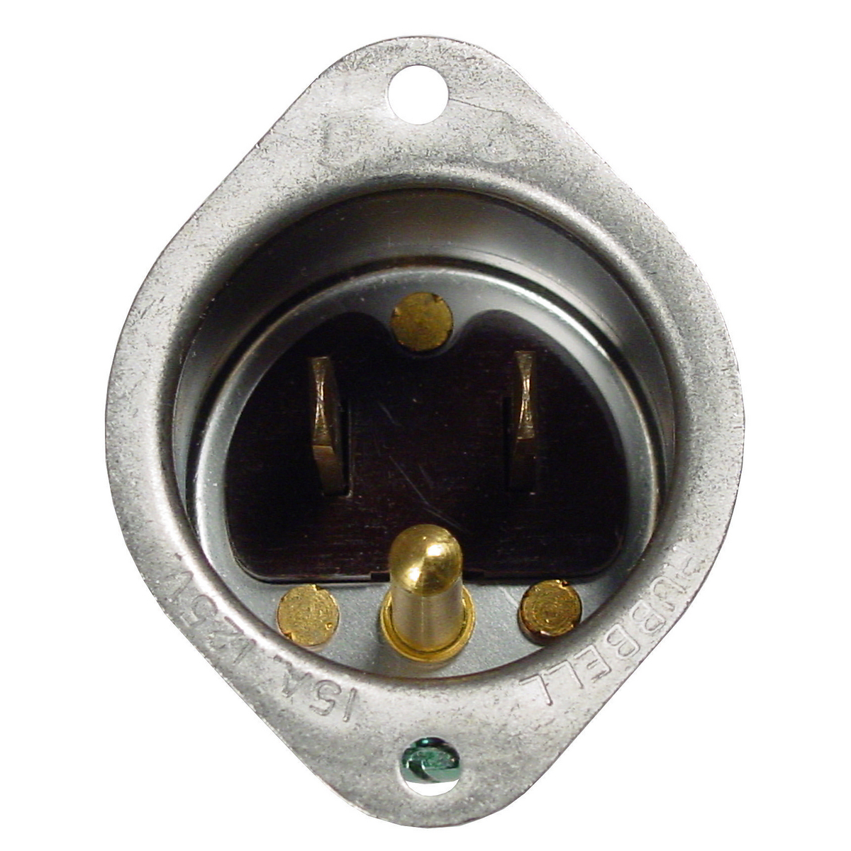 Straight Blade Devices, Male Inlets, Miniature Flanged, Commercial, 15A 125V, 2-Pole 3-Wire Grounding, 5-15P, Metallic, Single Pack.