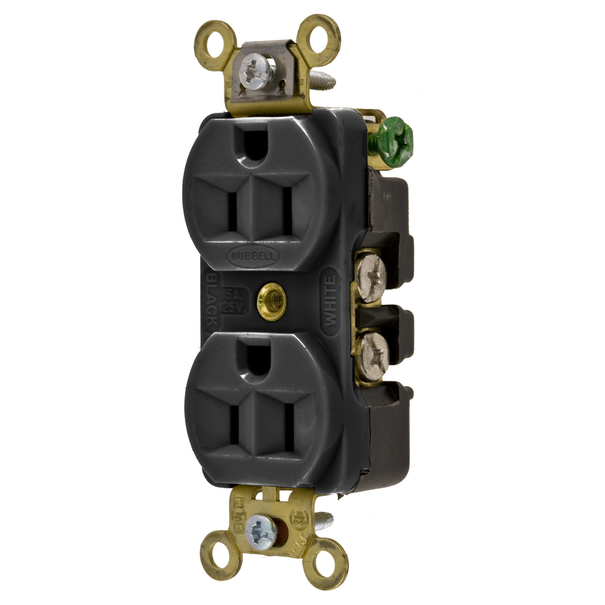 Hubbell Wiring Device Kellems, Straight Blade Devices, Receptacles, Duplex, Industrial Grade, 2-Pole 3-Wire Grounding, 15A 125V, 5-15R, Black, Single Pack
