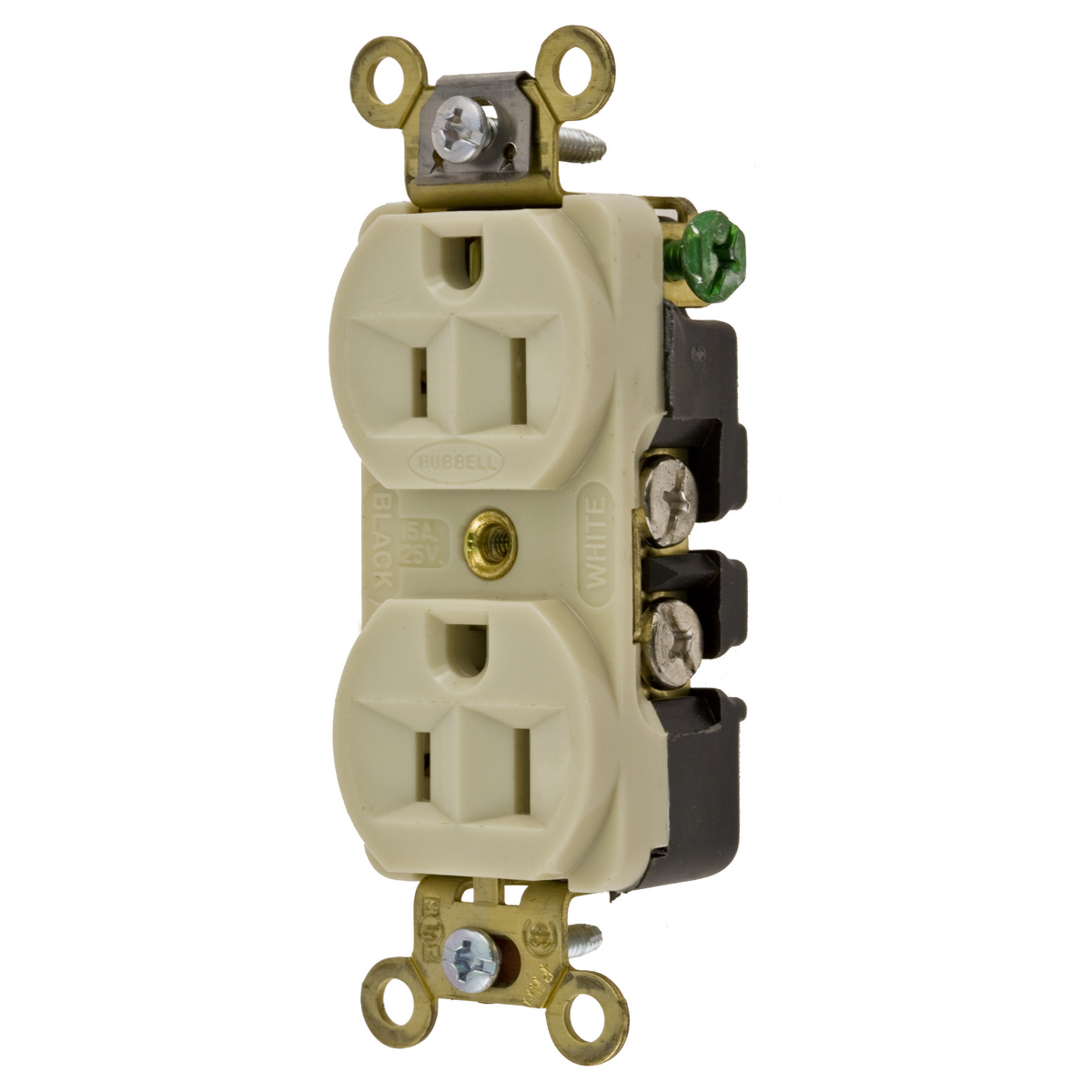 Hubbell Wiring Device Kellems, Straight Blade Devices, Receptacles, Duplex, Industrial Grade, 2-Pole 3-Wire Grounding, 15A 125V, 5-15R, Ivory, Single Pack