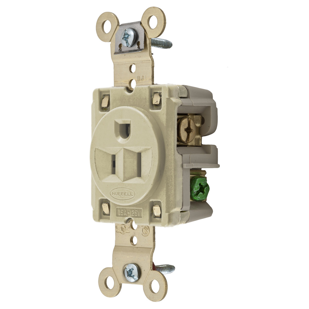 Straight Blade Devices, Receptacles, Single, Industrial Grade, 2-Pole 3-Wire Grounding, 15A 125V, 5-15R, Ivory, Single Pack.
