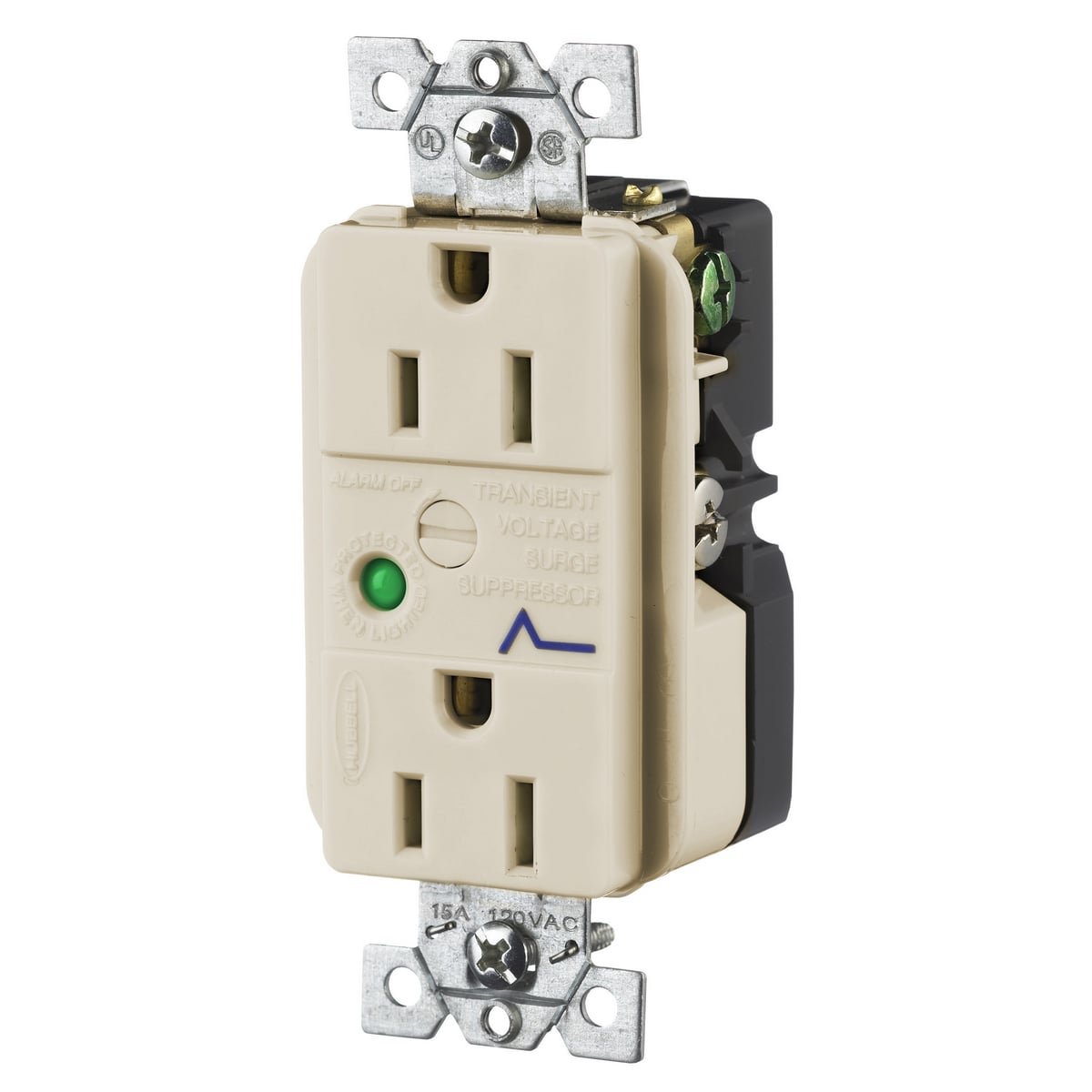 TVSS Duplex Receptacle with Light and Alarm, 15A 125V, 5-15R, Almond