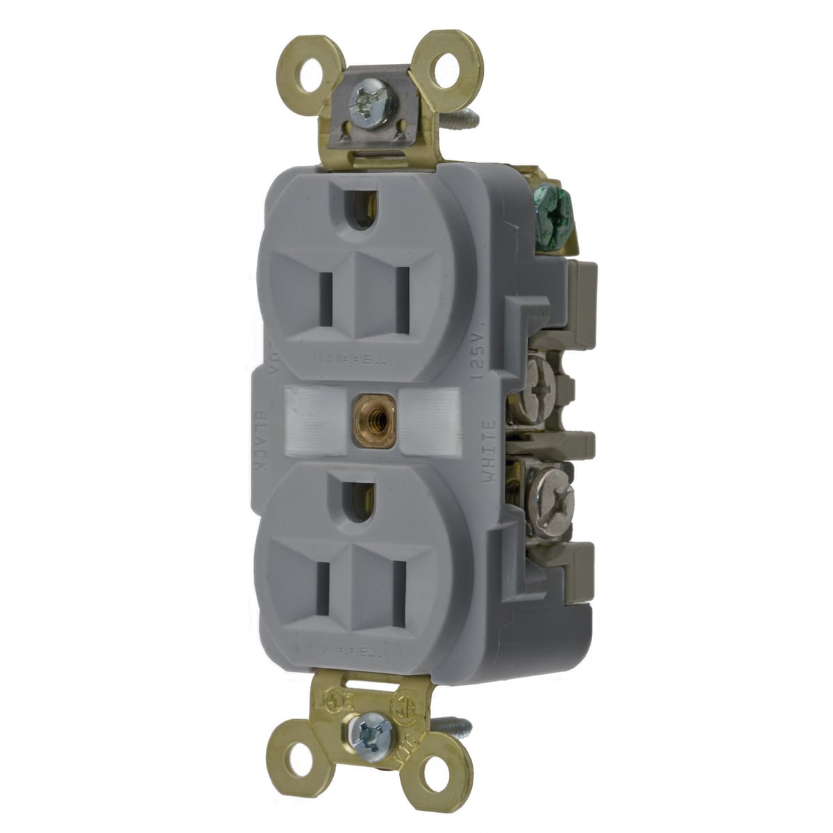 Straight Blade Devices, Receptacles, Duplex, Industrial Grade, 2-Pole 3-Wire Grounding, 15A 125V, 5-15R, Gray, Single Pack.