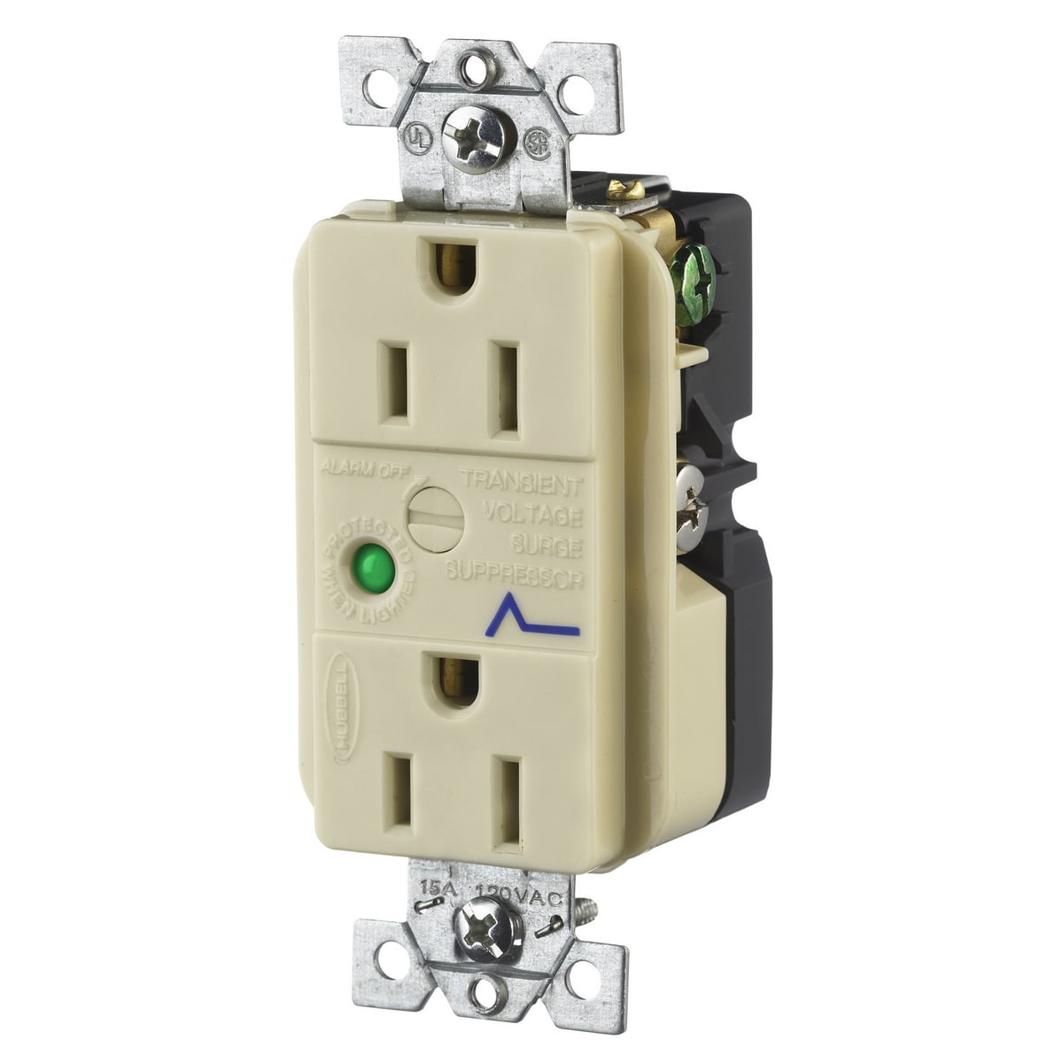 Surge Protective Devices, SPIKESHIELD TVSS Duplex Receptacle with Light and Alarm, 15A 125V, 5-15R, Blue