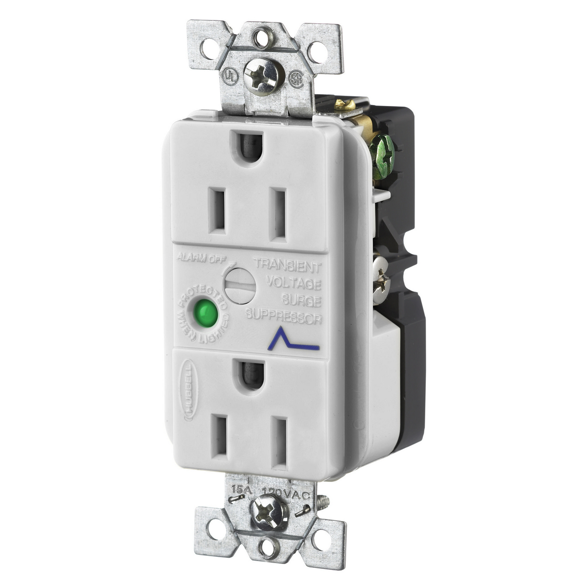 TVSS Duplex Receptacle with Light and Alarm, 15A 125V, 5-15R, Gray