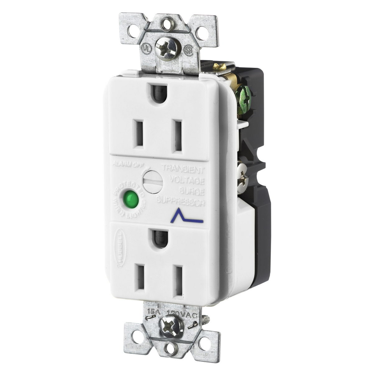 Surge Protective Devices, SPIKESHIELD TVSS Duplex Receptacle with Light and Alarm, 15A 125V, 5-15R, White