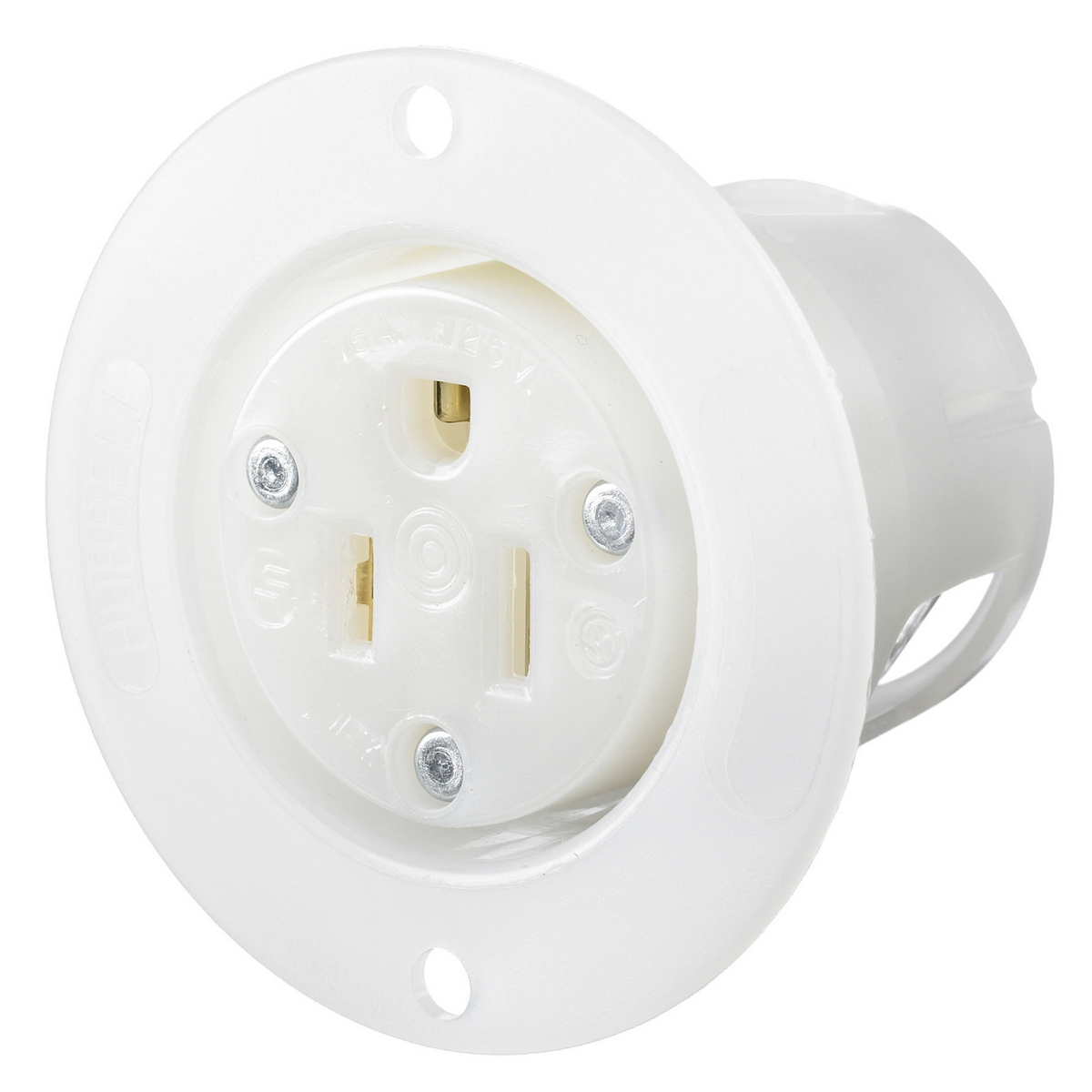 Straight Blade Devices, Inlets, Flanged, Commercial/Industrial Grade, 2-Pole 3-Wire Grounding, 15A 125V, 5-15R, White, Single Pack.