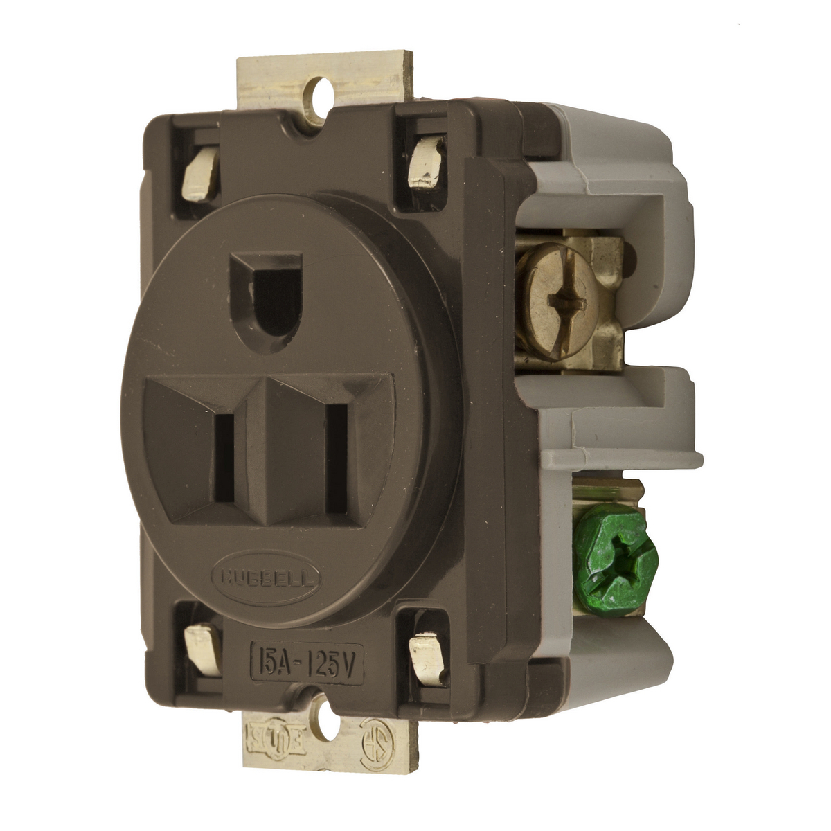 Straight Blade Devices, Receptacles, Panel Mount Single, Commercial/Industrial Grade, 2-Pole 3-Wire Grounding, 15A 125V, 5-15R, Brown, Single Pack.