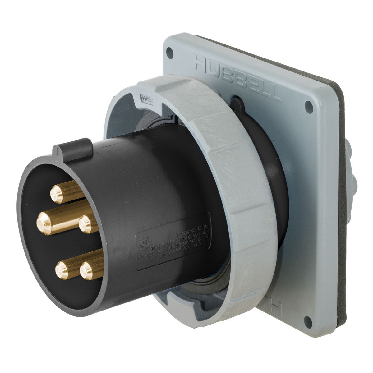 Heavy Duty Products, IEC Pin and Sleeve Devices, Industrial Grade, Male, Flanged Inlet, 30A 3-Phase Wye 347/600V AC, 4-Pole 5-Wire Grounding, Terminal Screws, Black, Watertight