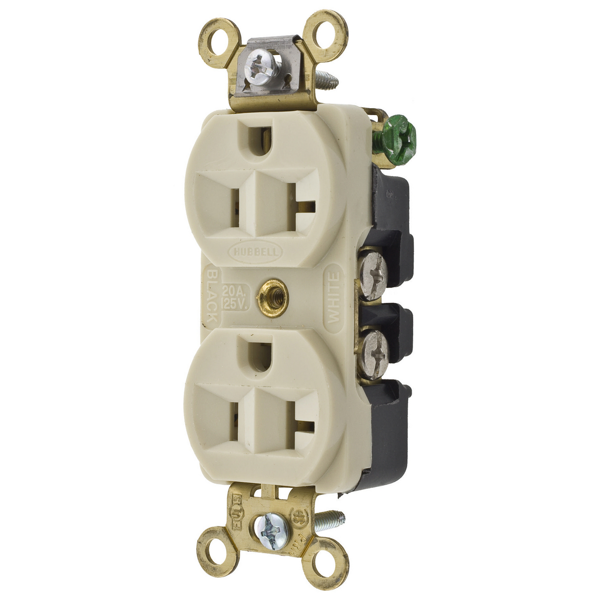 Straight Blade Devices, Receptacles, Duplex, Commercial Grade, 2-Pole 3-Wire Grounding, 20A 125V, 5-20R, Ivory, Single Pack.