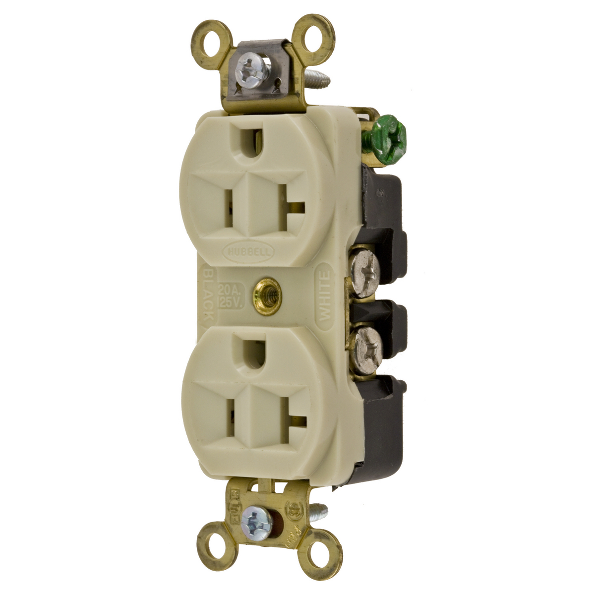 Straight Blade Devices, Receptacles, Duplex, Industrial Grade, 2-Pole 3-Wire Grounding, 20A 125V, 5-20R, Ivory, Single Pack.