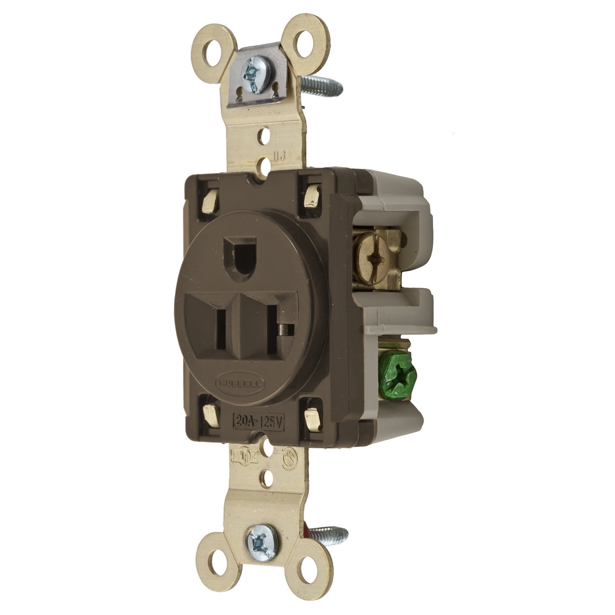 Straight Blade Devices, Receptacles, Single, Industrial Grade, 2-Pole 3-Wire Grounding, 20A 125V, 5-20R, Brown, Single Pack.