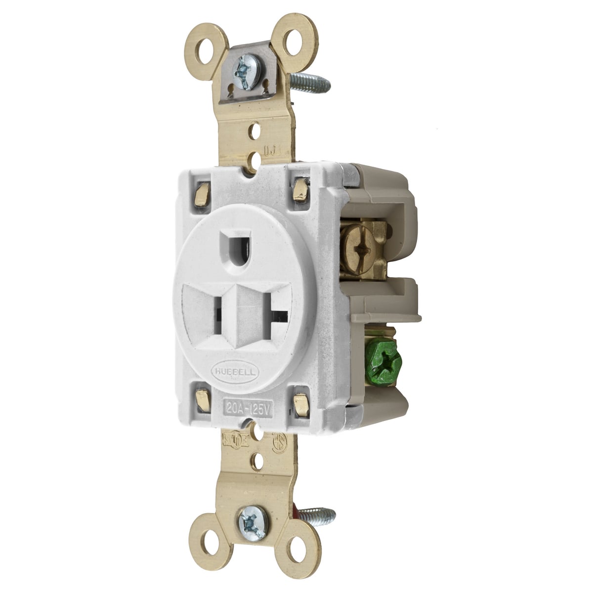Straight Blade Devices, Receptacles, Single, Industrial Grade, 2-Pole 3-Wire Grounding, 20A 125V, 5-20R, White, Single Pack.