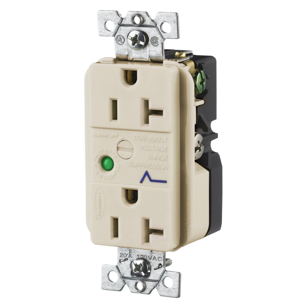 TVSS Duplex Receptacle with Light and Alarm, 20A 125V, 5-20R, Almond