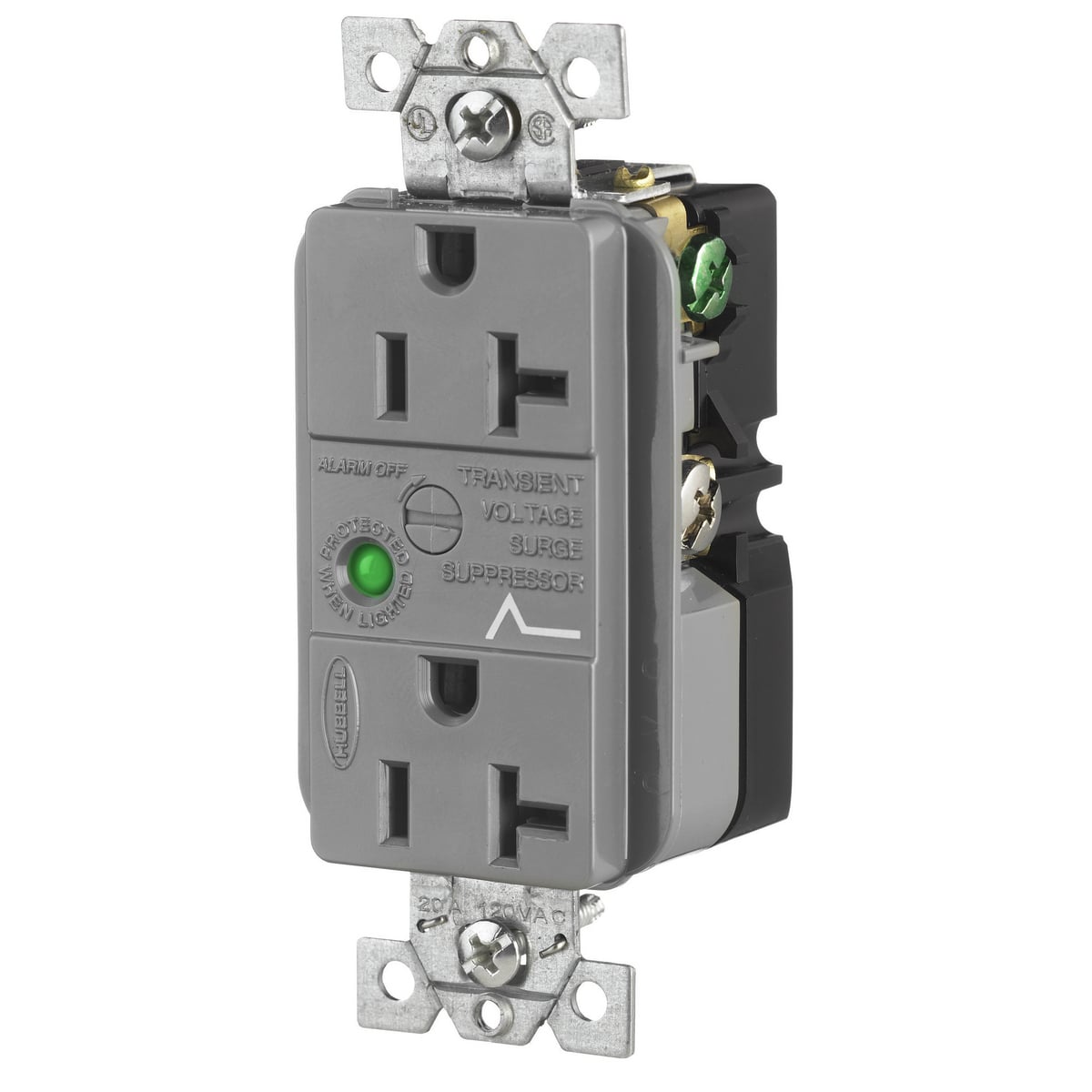 Surge Protective Devices, SPIKESHIELD TVSS Duplex Receptacle with Light and Alarm, 20A 125V, 5-20R, Gray