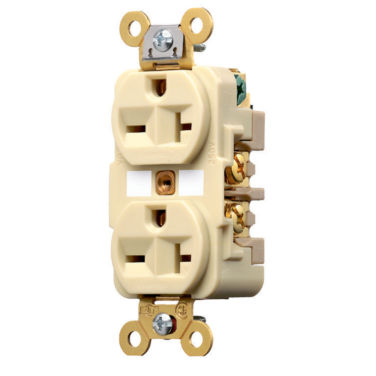 Straight Blade Devices, Receptacles, Duplex, Specification Grade, 2-Pole 3-Wire Grounding, 20A 250V, 6-20R, Ivory, Single Pack