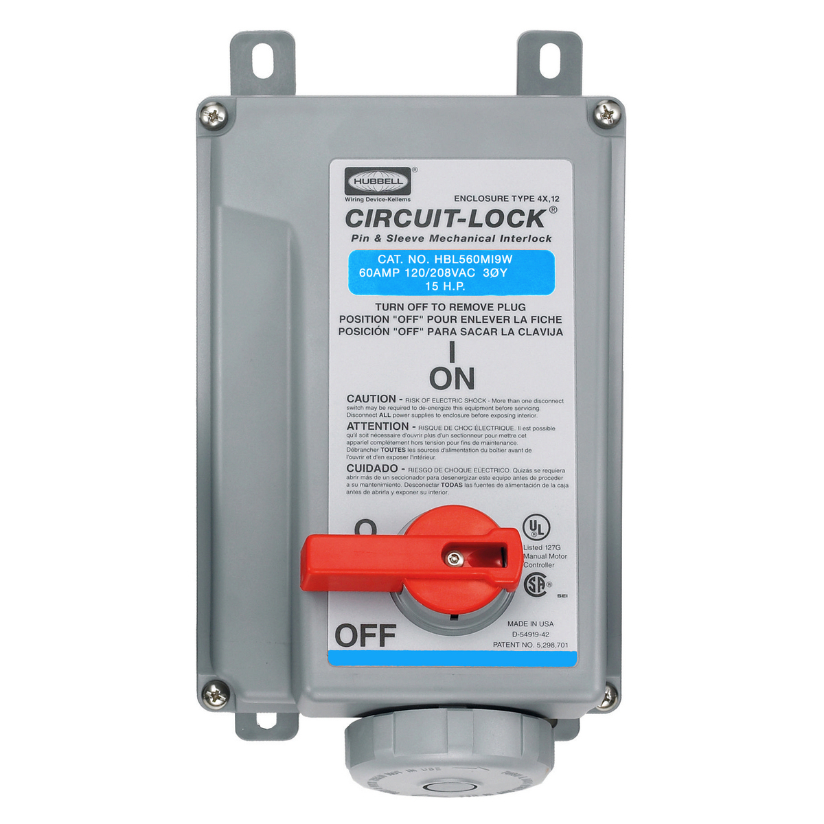 Heavy Duty Products, IEC Pin and Sleeve Devices, Industrial Grade, Female, Mechanically Interlocked Receptacle, 60A 3-Phase Wye 120/208V AC, 4-Pole 5-Wire Grounding, Terminal Screws