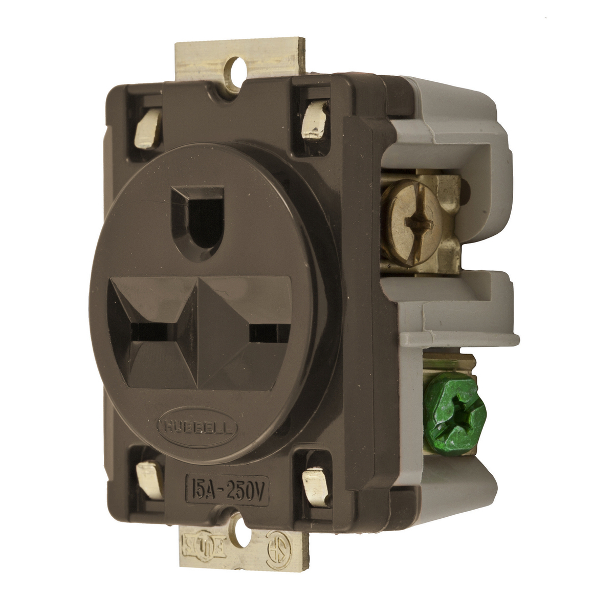 Straight Blade Devices, Receptacles, Specification Grade, Panel Mount Single, 2-Pole 3-Wire Grounding, 15A 250V, 6-15R, Brown, Single Pack
