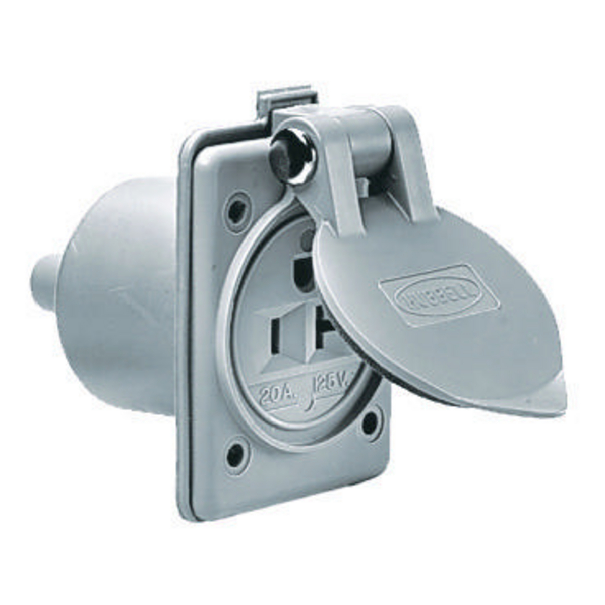Straight Blade Devices, Outlet, Flanged, Marine, 20A 125V, 2-Pole 3-Wire Grounding, 5-20R, Gray, Single Pack.