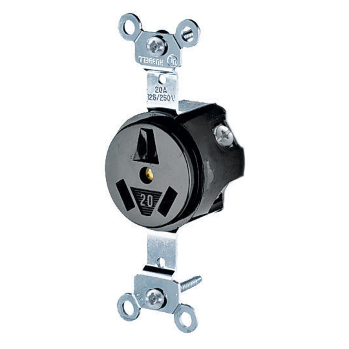 Straight Blade Devices, Receptacles, Single, Industrial Grade, 3-Pole 3-Wire Non-Grounding, 20A 125/250V, 10- 20R, Black, Single Pack.