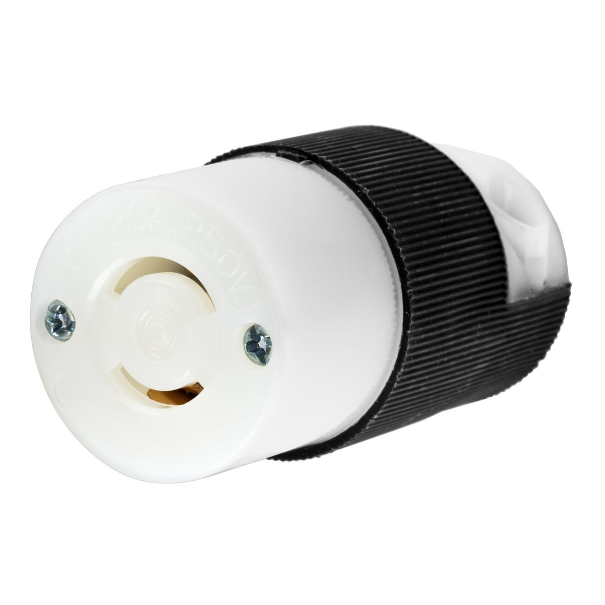 Locking Devices, Twist-Lock, Industrial, Female Insulgrip Connector Body, 20A 250V AC, 2-Pole 2-Wire Non Grounding, NEMA L2-20R, Screw Terminal, Black and White Nylon.