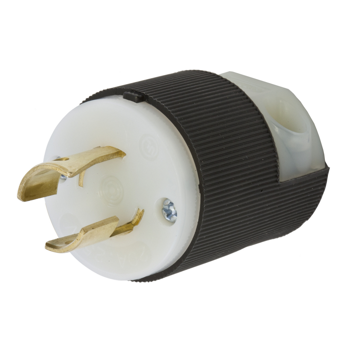 Locking Devices, Twist-Lock, Industrial, Male Insulgrip Plug, 20A 250V, 2-Pole 2-Wire Non-Grounding, NEMA L2-20P, Screw Terminal, Black and White Nylon, Polarized.